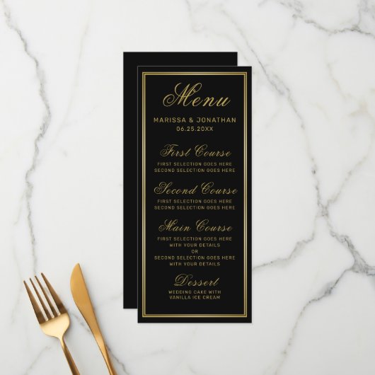 Elégant Black Gold Script Menu Mariage chic (Devant/Arrière en situation)