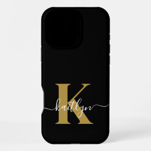Elegant Black Gold Script Monogram iPhone 16 Pro Max Hoesje