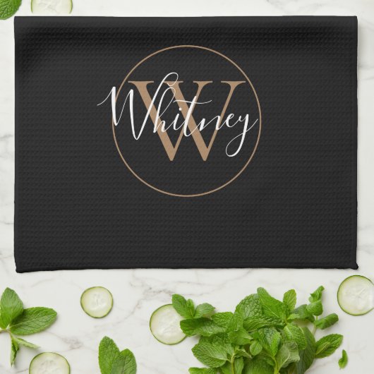 Elegant Black Gold Script Monogram  Theedoek (Gevouwen)