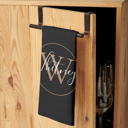 Elegant Black Gold Script Monogram  Theedoek (Derde Gevouwen)