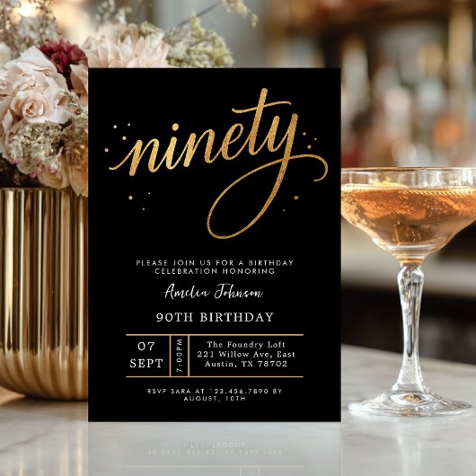 Elegant Black & Gold Script Ninety 90th Birthday Kaart