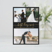 Elegant Black Gold Script Photo Collage Wedding Bedankkaart (Staand voorkant)