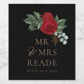 Elegant Black & Gold Script Red Floral Wijn Etiket (Enkel label)