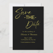 Elegant Black & Gold Script Save the Date Card (Dos)