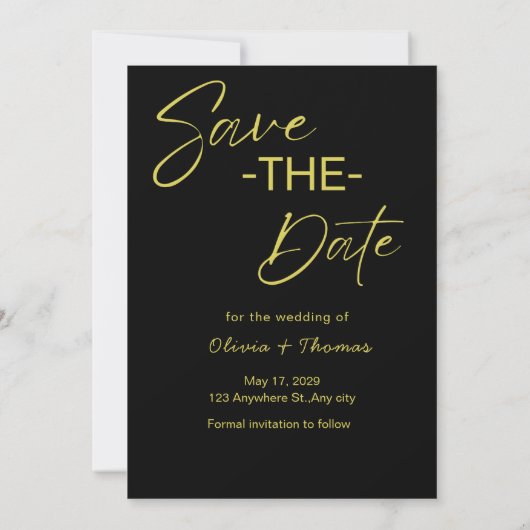 Elegant Black & Gold Script Save the Date Card (Dos)
