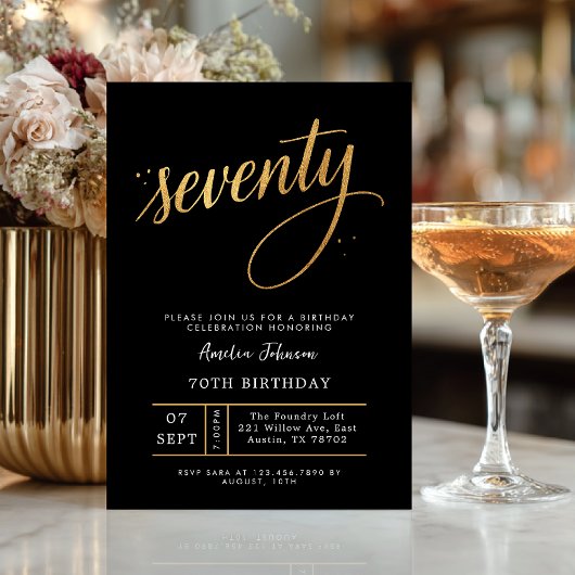 Elegant Black & Gold Script Seventy 70th Birthday  Kaart