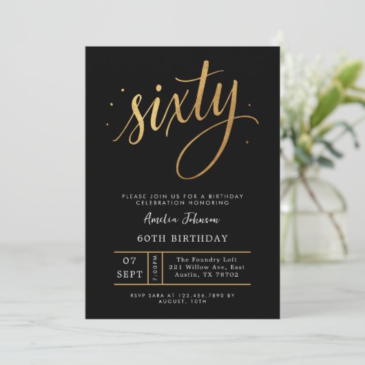 Elegant Black & Gold Script Sixty 60th Birthday  Kaart (Staand voorkant)