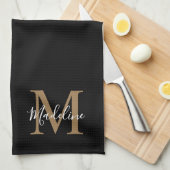 Elegant Black Gold Script Typography Monogram Theedoek (Quarter Fold)