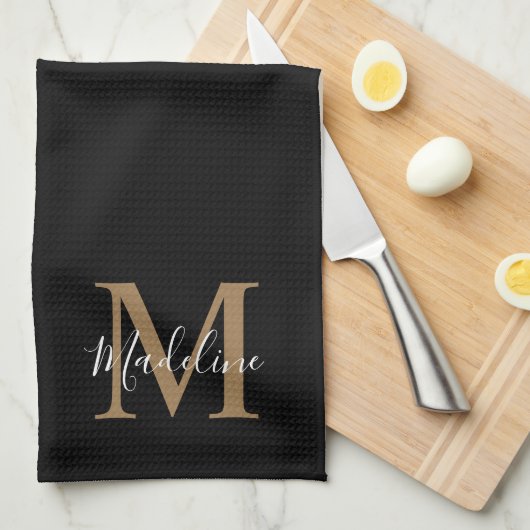 Elegant Black Gold Script Typography Monogram Theedoek (Quarter Fold)