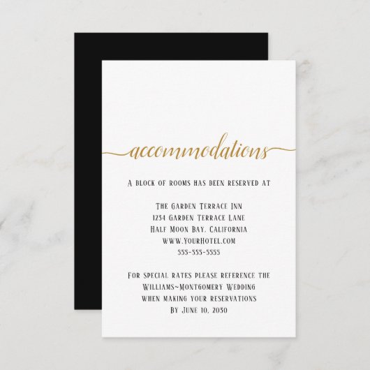 Elegant Black Gold Script Wedding Accommodations Informatiekaartje (Voorkant / Achterkant)