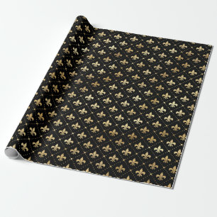 Elegant Black Gold Shimmer Fleur de Lis Birthday Cadeaupapier