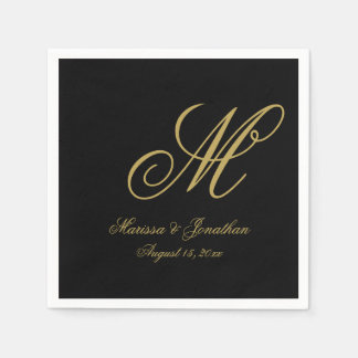 Elegant Black Gold Single Monogram Weddenschap Servet