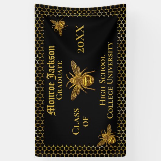 Elegant Black Gold Sparking Bee Afstuderen Spandoek (Verticaal)