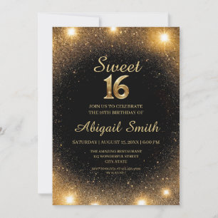 Élégant Black & Gold Sparkle Sweet 16 Invitation