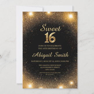 Élégant Black & Gold Sparkle Sweet 16 Invitation