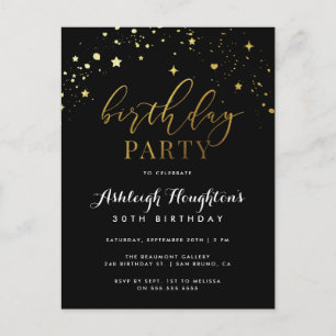 Elegant Black & Gold Star Confetti Birthday Uitnodiging Briefkaart