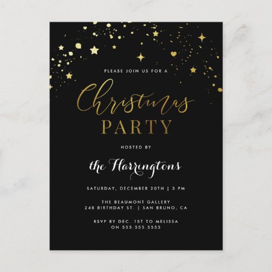 Elegant Black & Gold Star Confetti kerstfeest Uitnodiging Briefkaart (Voorkant)