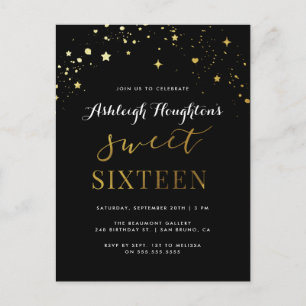 Elegant Black & Gold Star Confetti Sweet 16 Uitnodiging Briefkaart