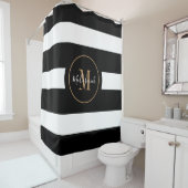 Elegant Black Gold Stripes Monogram Script Name Douchegordijn (In situ)