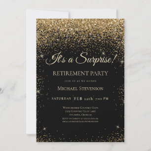 Elegant Black Gold Surprise Retirement Party Kaart
