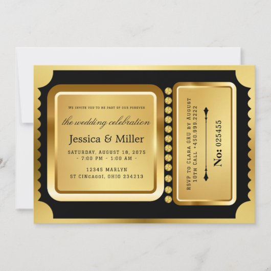 Elegant Black & Gold Ticket Wedding Invitation (Devant)