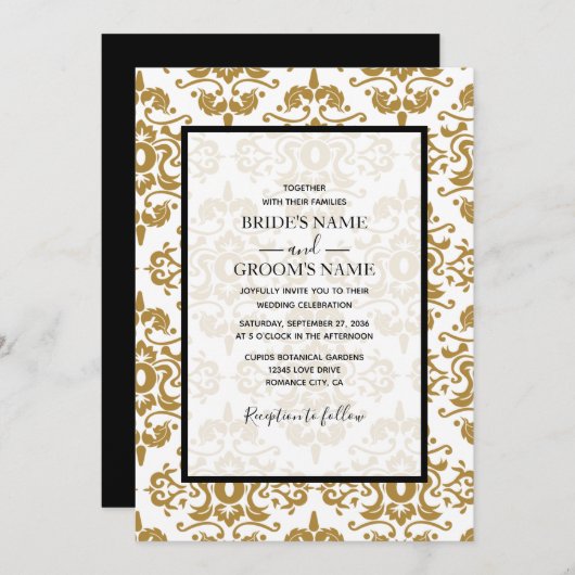 Elégant Black Gold Vintage Wedding Invitations (Devant / Derrière)