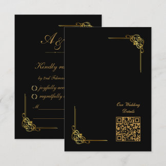 Elegant Black Gold Wedding Event QR Code RSVP Kaartje
