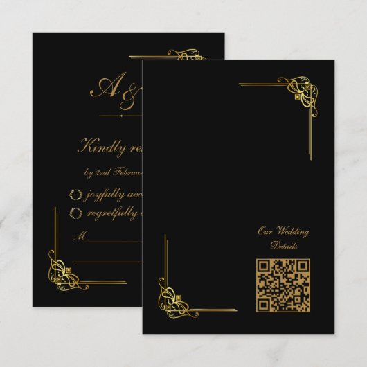 Elegant Black Gold Wedding Event QR Code RSVP Kaartje (Voorkant / Achterkant)