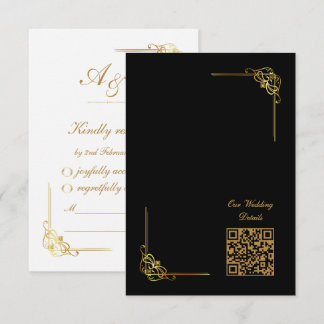 Elegant Black Gold Wedding Event QR Code RSVP Kaartje