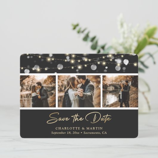 Elegant Black Gold Wedding Photo Save the Date (Staand voorkant)