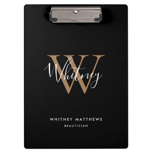 Elegant Black Gold White Script Monogram klembord (Voorkant)