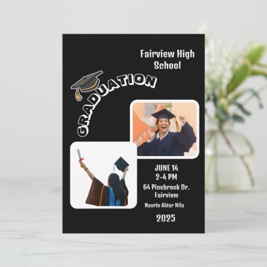 Élégant Black Graduation Party Invitation avec joi (Debout devant)