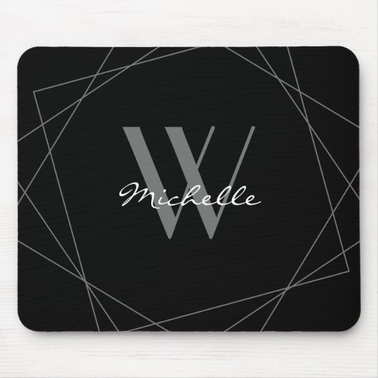Elegant Black Gray Monogram Geometric Name Script Muismat (Voorkant)
