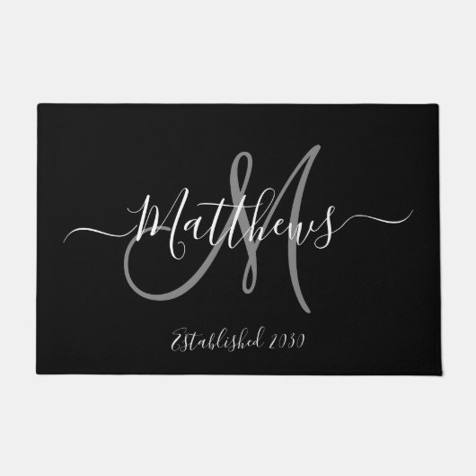 Elegant Black Gray Monogram Script Familienaam Deurmat (Voorkant)
