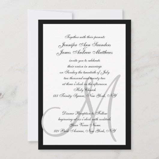 Elégant Black Grey Invitations de mariage initial (Dos)