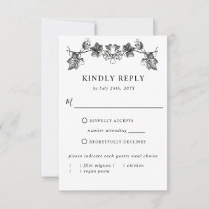 Elegant Black Hand Drawn Floral RSVP met maaltijde Kaartje