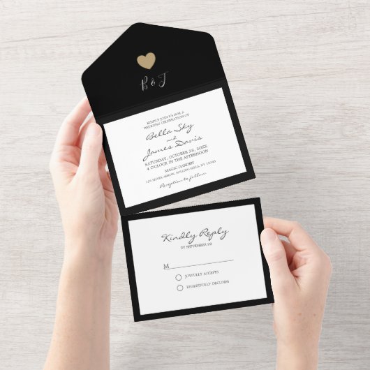 Elegant Black Heart All in One Wedding Invitation All In One Uitnodiging (Afscheurbaar)