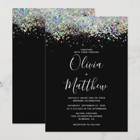 Elegant Black Holographic Glitter Wedding Kaart (Voorkant / Achterkant)