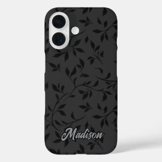 Elegant black leaves grey monogram  iPhone 16 hoesje