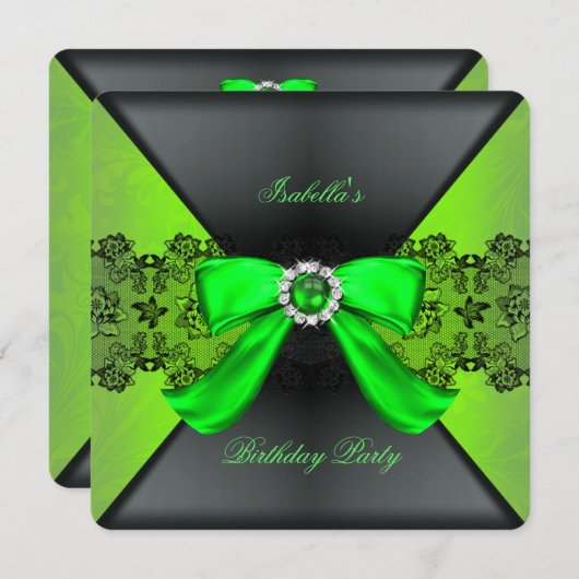 Elegant Black Lime Green Pearl Bow Birthday Party Kaart (Voorkant / Achterkant)