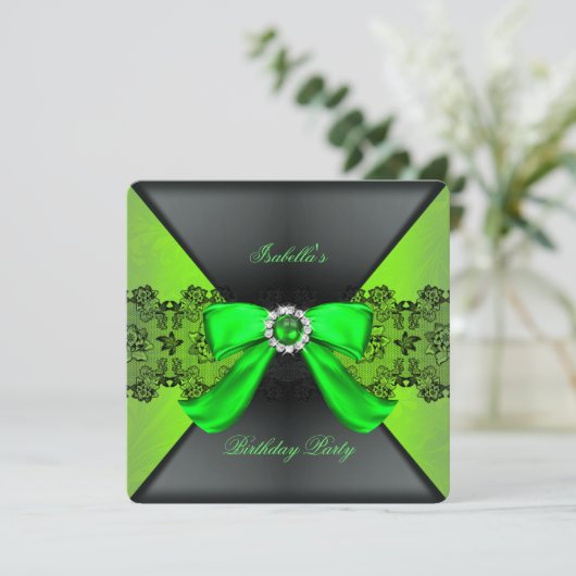 Elegant Black Lime Green Pearl Bow Birthday Party Kaart (Staand voorkant)