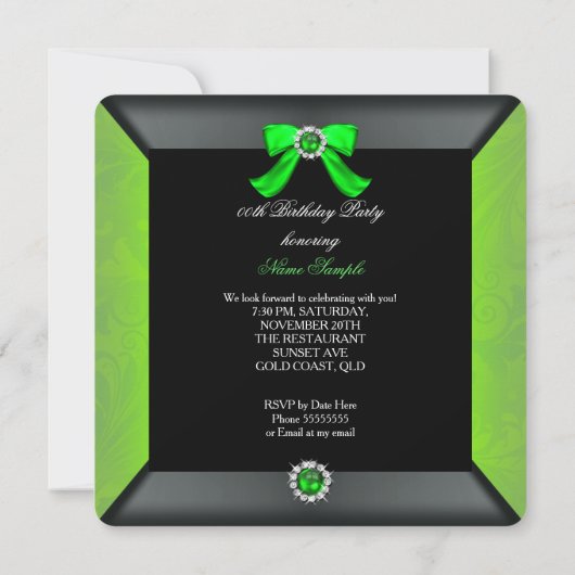 Elegant Black Lime Green Pearl Bow Birthday Party Kaart (Achterkant)