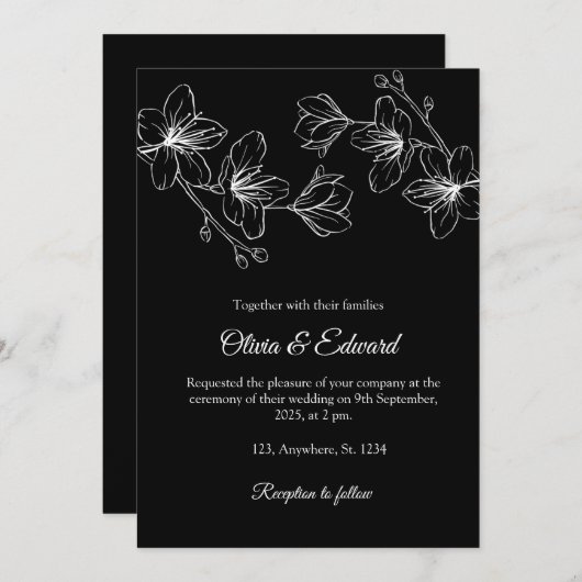 Elégant Black Line Art Floral Faire-part de mariag (Devant / Derrière)