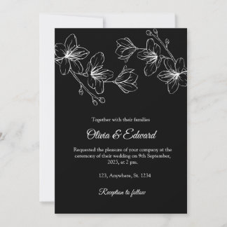 Elégant Black Line Art Floral Faire-part de mariag