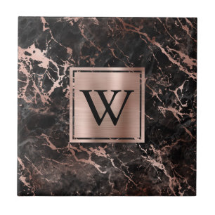 Elegant Black Marble Roos Gold Monogram Tegeltje