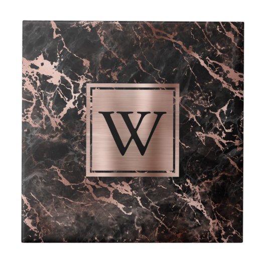 Elegant Black Marble Roos Gold Monogram Tegeltje (Voorkant)