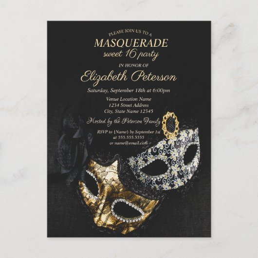 Elegant Black Masquerade, Masque Sweet 16 Uitnodiging Briefkaart (Voorkant)