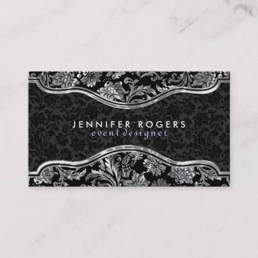 Elegant Black & Metallic Silver Damaskers Visitekaartje (Voorkant)
