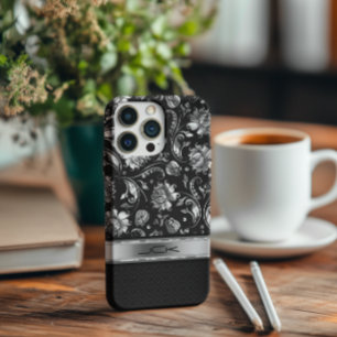 Elegant Black & Metallic Silver Floral Damaskers iPhone X Hoesje