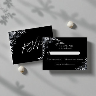 Elegant Black Minimalist Floral Wedding RSVP Notitiekaartje